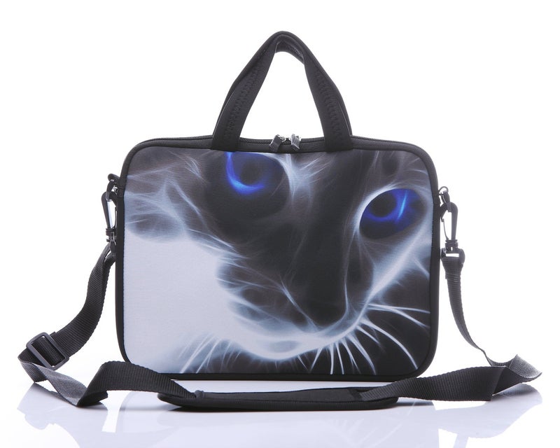 YIDA 11-Inch to 12-Inch Neoprene Laptop Sleeve Case Bag with shoulder strap For 11", 11.6", 12" Ultrabook/Acer/Asus/Dell/HP/Toshiba/Lenovo/Chromebook (Grey cat with blue eyes) - Image 1